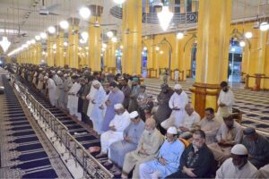 People praying first Tarawih in congregation in New Memon Masjid as the crescent moon sighted in the country
