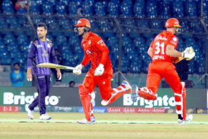 Islamabad United batter Alex Hales plays a shot during the Pakistan Super League (PSL) Twenty20 cricket match playing between Islamabad United and Quetta Gladiators at the National Stadium.