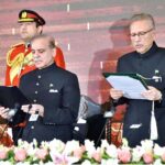 President Dr. Arif Alvi administering the oath of office to Mian Muhammad Shehbaz Sharif as the Prime Minister of the Islamic Republic of Pakistan at Aiwan-e-Sadr
