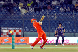 Islamabad United batter Alex Hales plays a shot during the Pakistan Super League (PSL) Twenty20 cricket match playing between Islamabad United and Quetta Gladiators at the National Stadium.