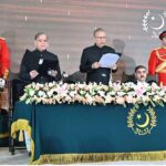 President Dr. Arif Alvi administering the oath of office to Mian Muhammad Shehbaz Sharif as the Prime Minister of the Islamic Republic of Pakistan at Aiwan-e-Sadr