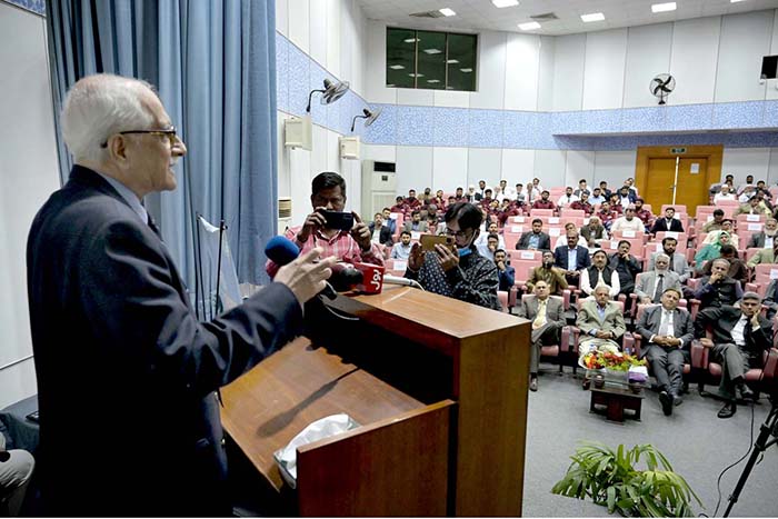 Air marshal (Retd) Salim Arshad addressing during 10th ESP event experience sharing platform at Civil Aviation Auditorium.