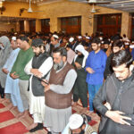 People praying first Tarawih in congregation in Badshahi Masjid as the crescent moon of Ramazan ul Mubarak sighted in the country
