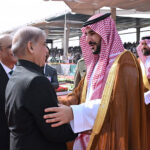 Defence Minister of Saudi Arabia, Prince Khalid bin Salman bin Abdulaziz Al-Saud meets Prime Minister Muhammad Shehbaz Sharif during Pakistan Day Parade 2024