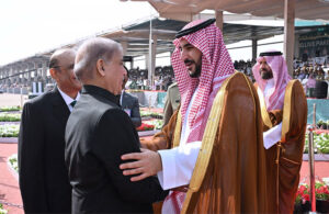 Defence Minister of Saudi Arabia, Prince Khalid bin Salman bin Abdulaziz Al-Saud meets Prime Minister Muhammad Shehbaz Sharif during Pakistan Day Parade 2024