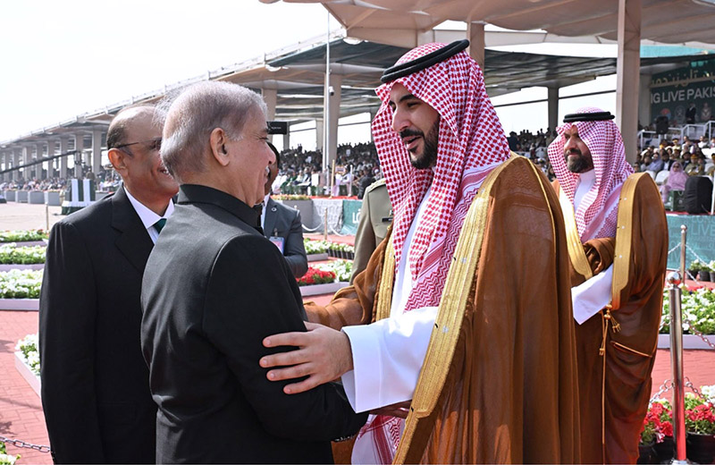 Defence Minister of Saudi Arabia, Prince Khalid bin Salman bin Abdulaziz Al-Saud meets Prime Minister Muhammad Shehbaz Sharif during Pakistan Day Parade 2024