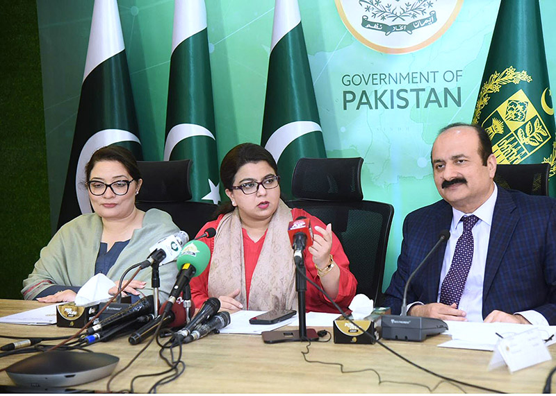 Minister of State for IT and Telecommunication Shaza Fatima Khawaja addressing joint Press Conference