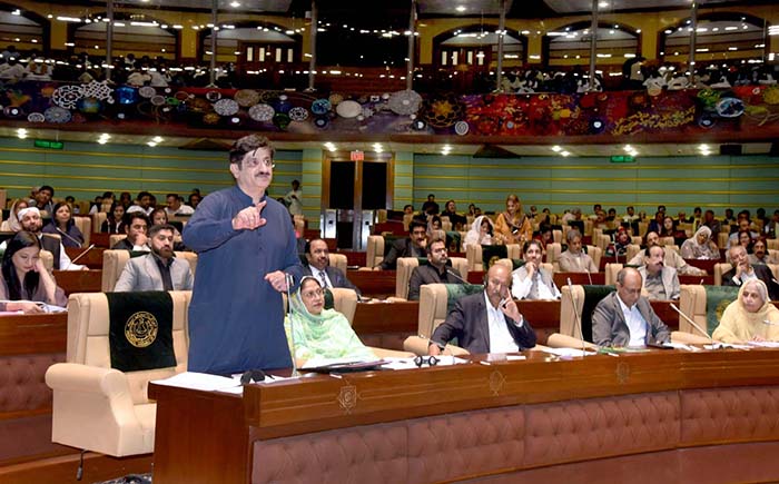 Sindh Chief Minister, Murad Ali Shah speaks on a resolution about Shaheed Zulfiqar Ali Bhutto on the floor of the Assembly.