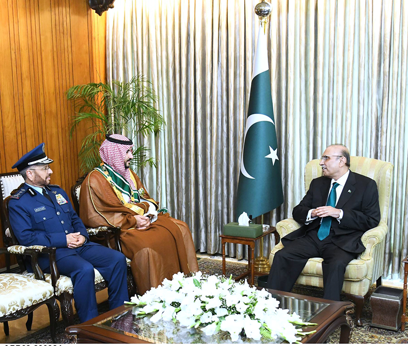 President of Pakistan Asif Ali Zardari in a meeting with the visiting Defence Minister of the Kingdom of Saudi Arabia His Royal Highness Prince Khalid bin Salman bin Abdul Aziz al Saud, at Aiwan-e-Sadr