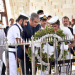 The Federal Minister for Interior Syed Mohsin Raza Naqvi lays flower wrath at the mausoleum of Quaid-e-Azam Mohammed Ali Jinnah