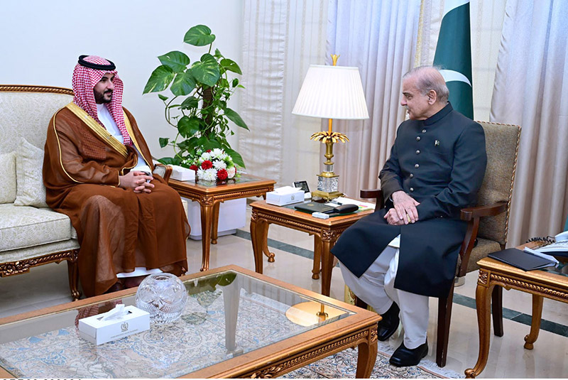 Minister of Defense of Kingdom of Saudi Arabia His Royal Highness Prince Khalid bin Abdulaziz Al Saud calls on Prime Minister Muhammad Shehbaz Sharif