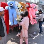 Customers selecting and purchasing colorful teddy bears from roadside vendor at Abdara road