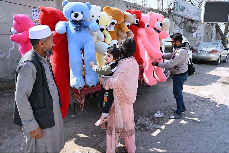 Customers selecting and purchasing colorful teddy bears from roadside vendor at Abdara road