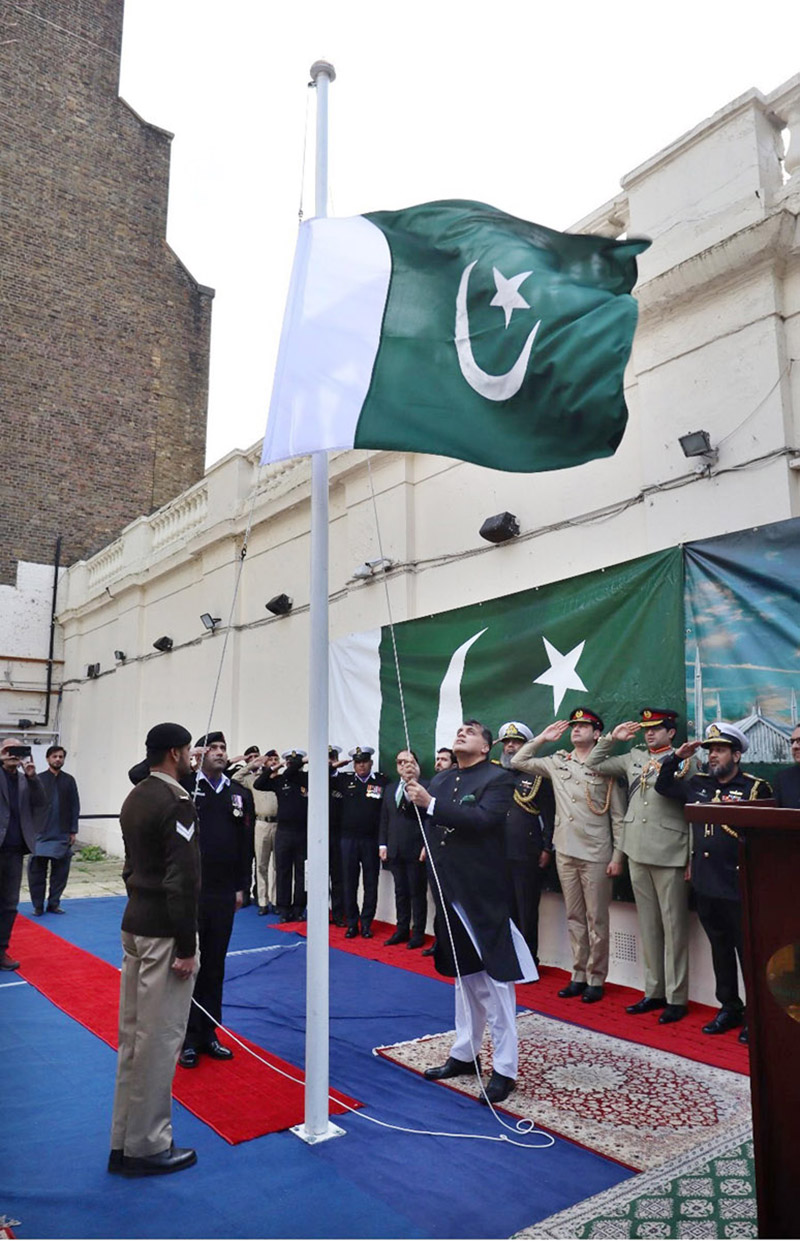 High Commissioner of Pakistan in UK Dr. Mohammad Faisal hoists Pakistan Flag on Pakistan Day at Pakistan High Commission