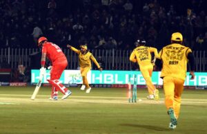 Peshawar Zalmi captain Babar Azam celebrates after Islamabad United batsman Alex Hales clean bowled in T20 cricket match between Islamabad United and Peshawar Zalmi teams during Pakistan Super League (PSL) season nine at Rawalpindi Cricket Stadium