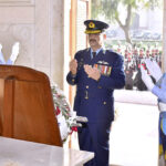 On Pakistan Day, Air Vice Marshal Tariq Mehmood Ghazi is offering Fatiha after laid floral wreath at the shrine of Allama Muhammad Iqbal