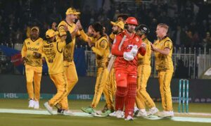 Peshawar Zalmi captain Babar Azam celebrates after Islamabad United batsman Alex Hales clean bowled in T20 cricket match between Islamabad United and Peshawar Zalmi teams during Pakistan Super League (PSL) season nine at Rawalpindi Cricket Stadium