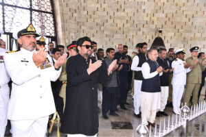 Sindh Governor Kamran Khan Tessori offers Fateha at the mausoleum of Quaid -e-Azam Muhammad Ali Jinnah on the occasion of Pakistan Day celebrations