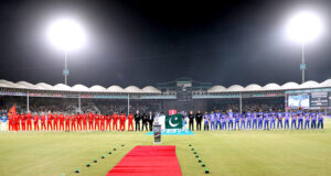 Owners of Islamabad United and Multan Sultans posing with their team logos before the Pakistan Super League (PSL) Twenty20 final cricket match at the National Stadium