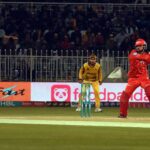 Islamabad United batsman Shadab Khan plays a shot in T20 cricket match between Islamabad United and Peshawar Zalmi teams during Pakistan Super League (PSL) season nine at Rawalpindi Cricket Stadium