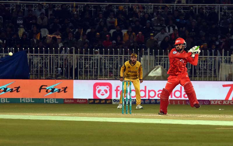 Islamabad United batsman Shadab Khan plays a shot in T20 cricket match between Islamabad United and Peshawar Zalmi teams during Pakistan Super League (PSL) season nine at Rawalpindi Cricket Stadium