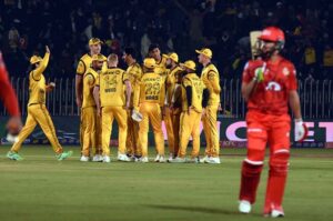 Islamabad United batsman Shadab Khan plays a shot in T20 cricket match between Islamabad United and Peshawar Zalmi teams during Pakistan Super League (PSL) season nine at Rawalpindi Cricket Stadium