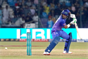 Multan Sultans' batter Yasir Khan plays a shot during the Pakistan Super League (PSL) Twenty20 cricket final match between Islamabad United and Multan Sultans at the National Stadium