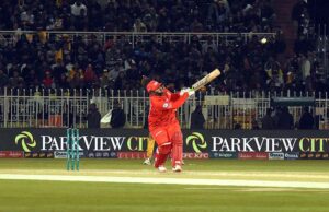 Islamabad United batsman Shadab Khan plays a shot in T20 cricket match between Islamabad United and Peshawar Zalmi teams during Pakistan Super League (PSL) season nine at Rawalpindi Cricket Stadium