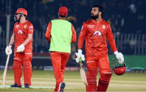 Islamabad United batsman Shadab Khan plays a shot in T20 cricket match between Islamabad United and Peshawar Zalmi teams during Pakistan Super League (PSL) season nine at Rawalpindi Cricket Stadium