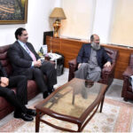 Former Commerce Minister Khurram Dastgir Khan and retired Captain Mohammad Safdar Awan, a PML-N leader, pay a visit to congratulate the new Federal Minister for Commerce, Jam Kamal Khan