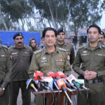 RPO Sargodha Shariq Kamal Siddiqui and DPO Sargodha Muhammad Faisal Kamran talking to the media during the ceremony of handing over the stolen property to the public at Sargodha Police Line