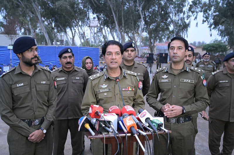 RPO Sargodha Shariq Kamal Siddiqui and DPO Sargodha Muhammad Faisal Kamran talking to the media during the ceremony of handing over the stolen property to the public at Sargodha Police Line