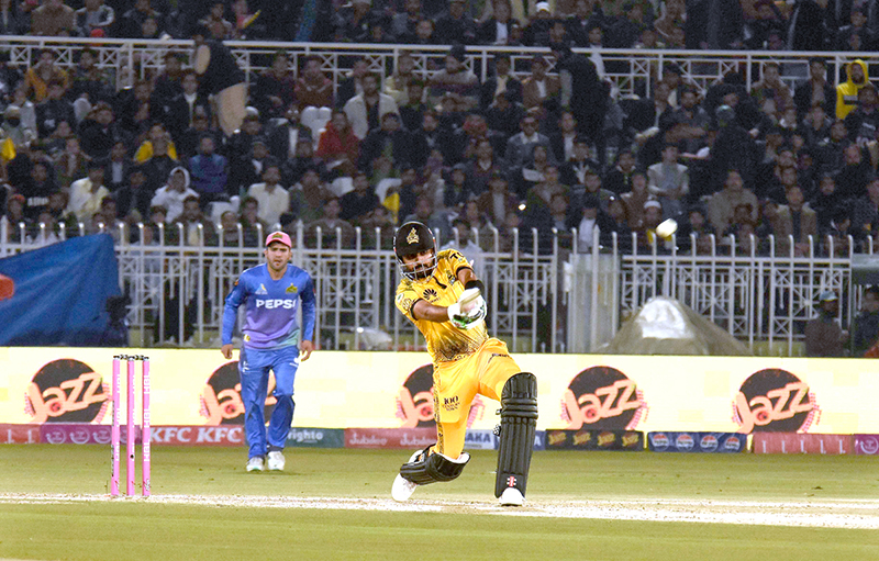 Players in action during Pakistan Super League (PSL) Twenty20 cricket match playing between Peshawar Zalmi and Multan Sultans at Pindi Stadium