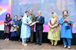 Prime Minister Muhammad Shehbaz Sharif distributing Khatoon-e-Pakistan Awards among the high achievers women in their respective fields on the eve of International Women Day