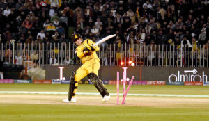 Players in action during Pakistan Super League (PSL) Twenty20 cricket match playing between Peshawar Zalmi and Multan Sultans at Pindi Stadium