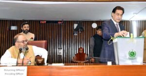 Speaker National Assembly Sardar Ayaz Sadiq casting vote in Senate Election 2024 in National Assembly.