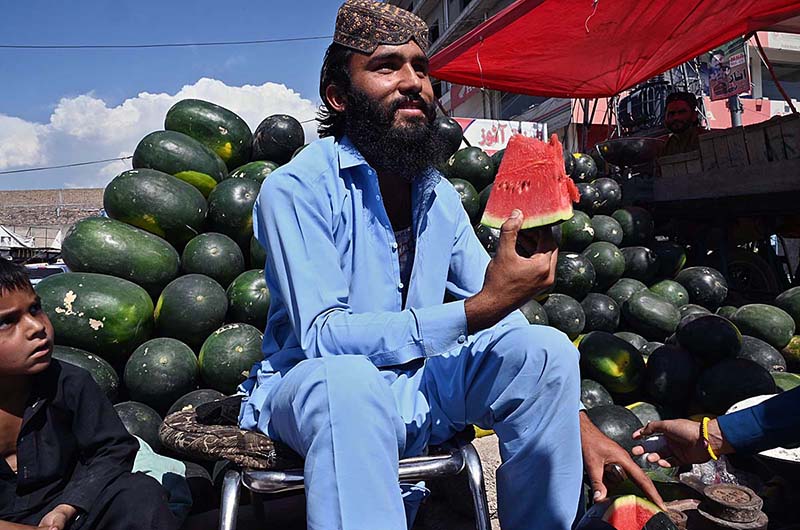 A vendor displaying and selling watermelon to customers at his roadside setup in Federal Capital