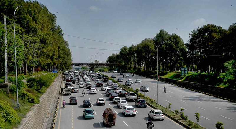 A view of massive traffic jam near Zero Point on Expressway in the Federal Capital