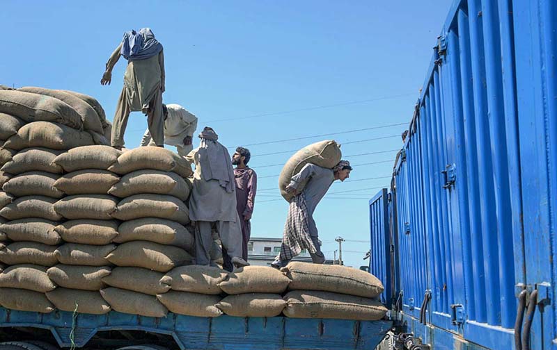 Laborers busy unloading wheat sacks from delivery truck at grain Market in the Federal Capital.