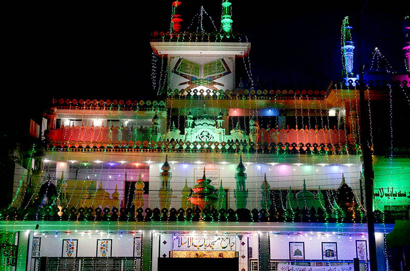 An illuminated view of Masjid decorated with colorful lights in connection with Shab-e-Qadr (Laila Tul Qadr