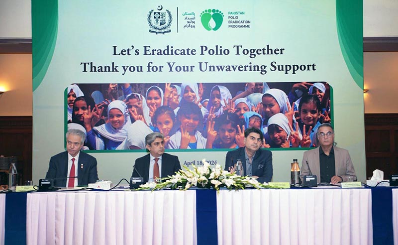 Coordinator to the Prime Minister on National Health Services, Dr. Malik Mukhtar Ahmed is presiding over a briefing for the donors and partner organizations supporting Pakistan Polio Eradication Initiative (PEI), organized by National Emergency Operations Center for Polio Eradication, Ministry of National Health Services, Regulations and Coordination. Federal Secretary for Health and representatives from International Organizations are also present on the occasion.