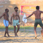Players in action during Kabaddi match playing between Punjab and Sindh teams at Qasimabad Sports Complex