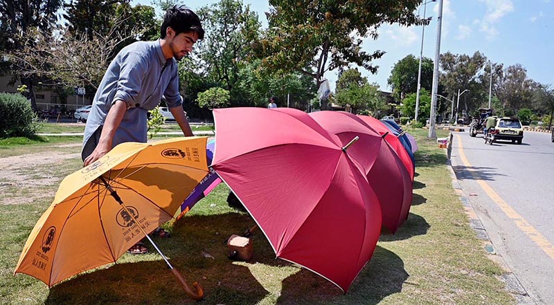 A street vendor displaying colourful umbrellas on roadside greenbelt at G-9 in Federal Capital.