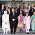 Secretary BISP, Amer Ali Ahmad and Directing Staff of NIM, Ms. Samreen Zahra, join the officers of 35th Senior Management Course (SMC) for a group photograph during their visit to BISP Headquarters.