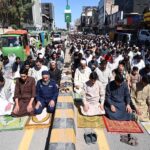 A large number of faithful offering Namaz-e-Juma (Last Friday Prayer) in the Holy Fasting Month of Ramzan-ul-Mubarak at Sadar road