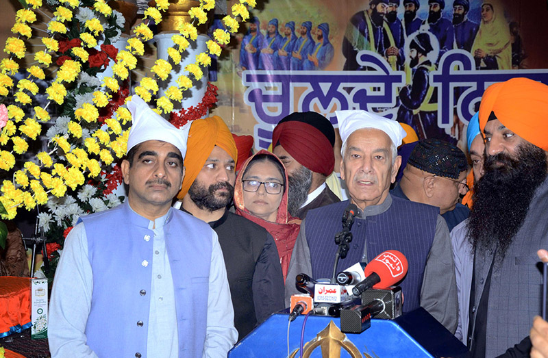Federal Defence Minister, Khawaja Asif Mehmood addressing the Sikh pilgrims at Gurdwara Panja Sahib on the occasion of Baisakhi Mela