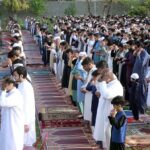 A large number of faithful offering Eidul-Fitr prayer at Government Degree College