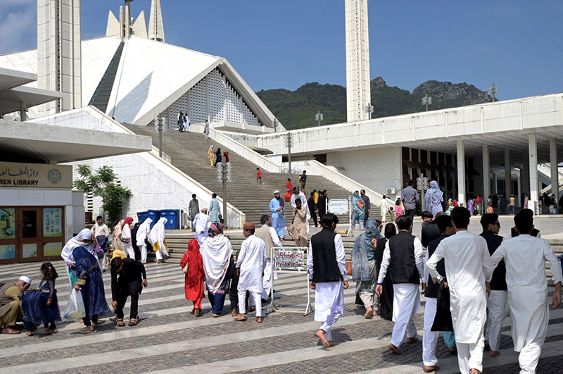 A large number of people visit Faisal Mosque on the 2nd day celebrations of Eid ul Fitr in the federal capital