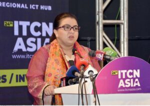 Minister of State for IT and Telecommunication Shahza Fatima Khawaja addressing the opening ceremony of Global Digital Summit 2024 at Expo Center.