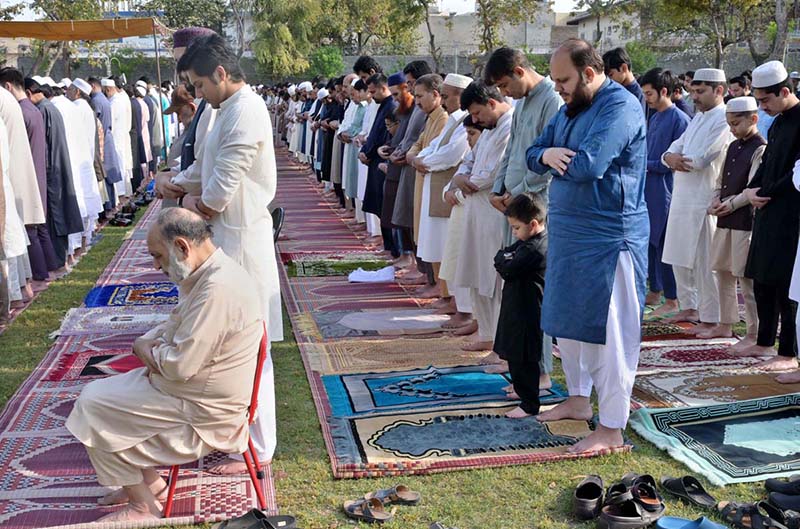 A large number of faithful offering Eidul-Fitr prayer at Government Degree College
